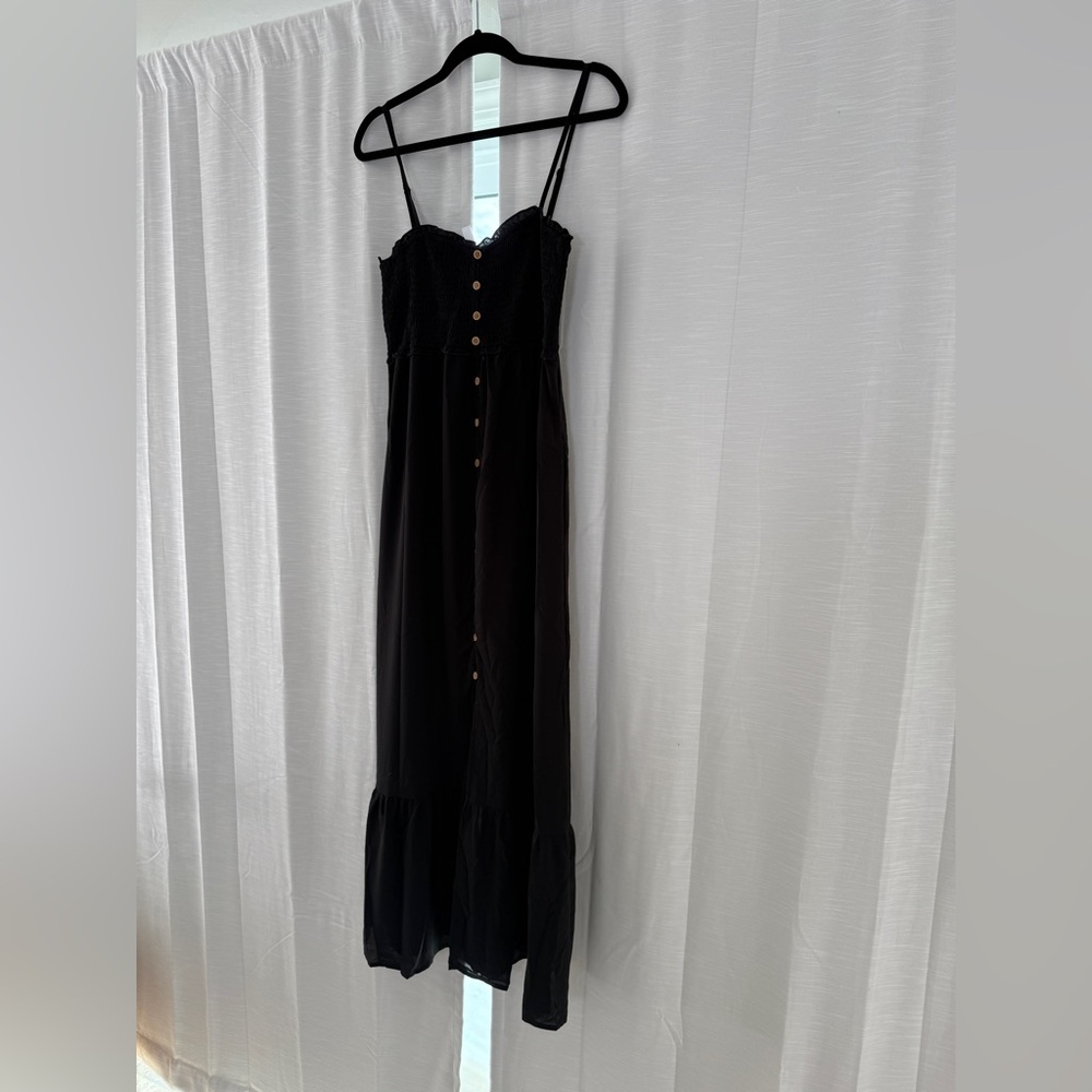 Black Smocked Maxi Dress | Button Front Sundress with Pockets Size M - Picture 6 of 11
